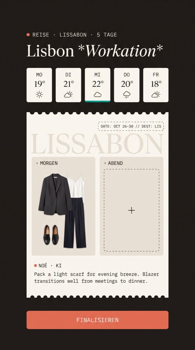 App-Ansicht: Reiseplaner mit Wetter und Packliste